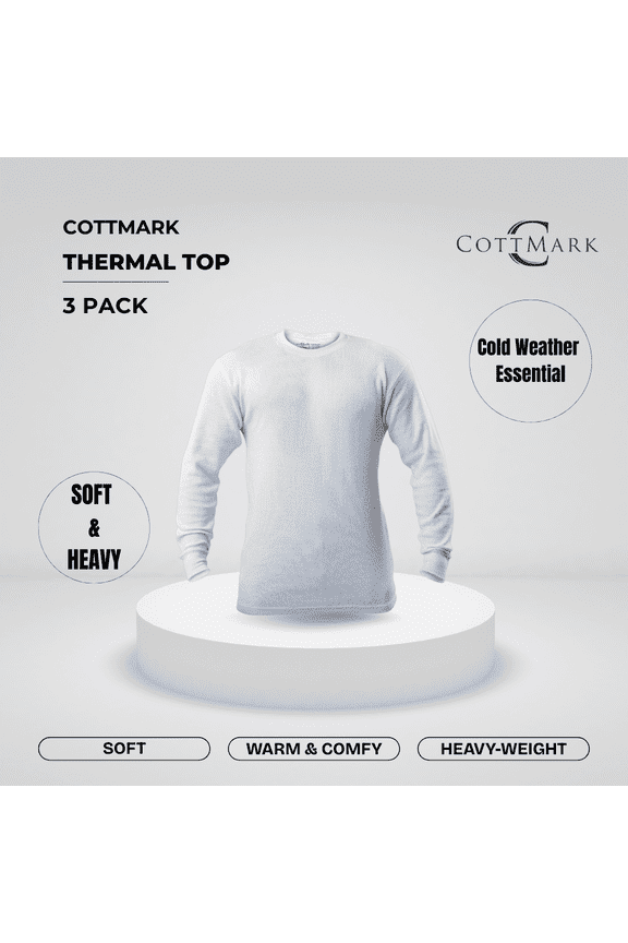 Men’s Crew Neck Thermal Top, White, Size L, 3-Pack