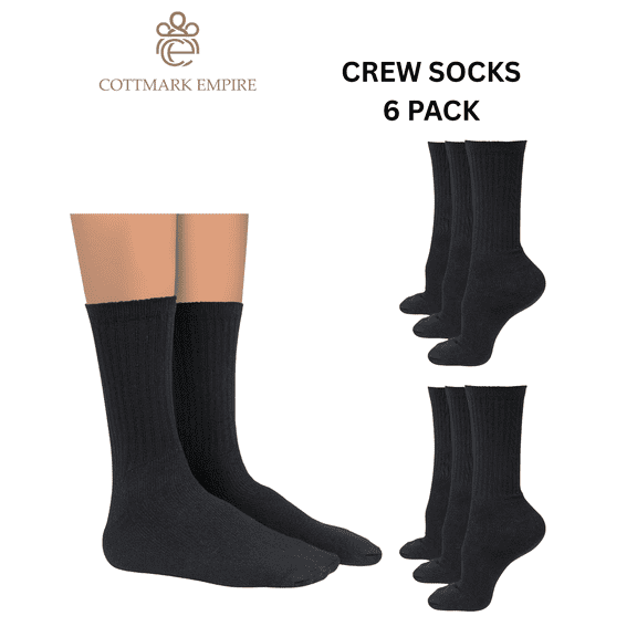 Cottmark Men’s Crew Socks, Cushioned Comfort Fit, Black, 6-Pack, Size 10-13