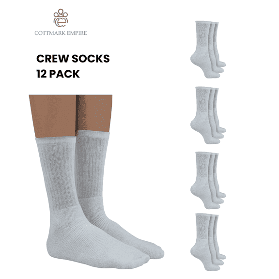 Cottmark Men’s Crew Socks, Cushioned Comfort Fit, White, 12-Pack, Size 10-13