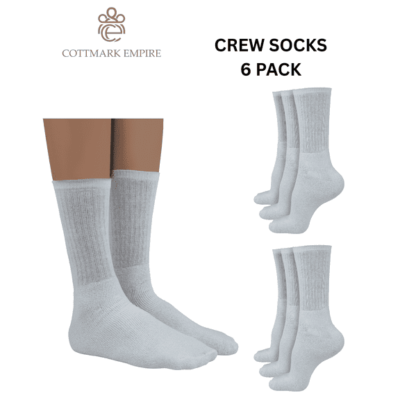 Cottmark Men’s Crew Socks, Cushioned Comfort Fit, White, 6-Pack, Size 10-13
