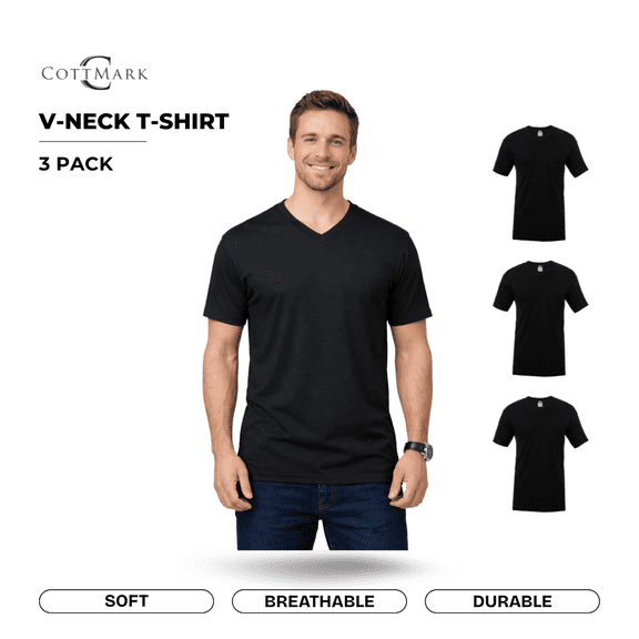 Cottmark Men’s V-Neck Classic Soft T-Shirt, Black, Size 2XL, 3-Pack