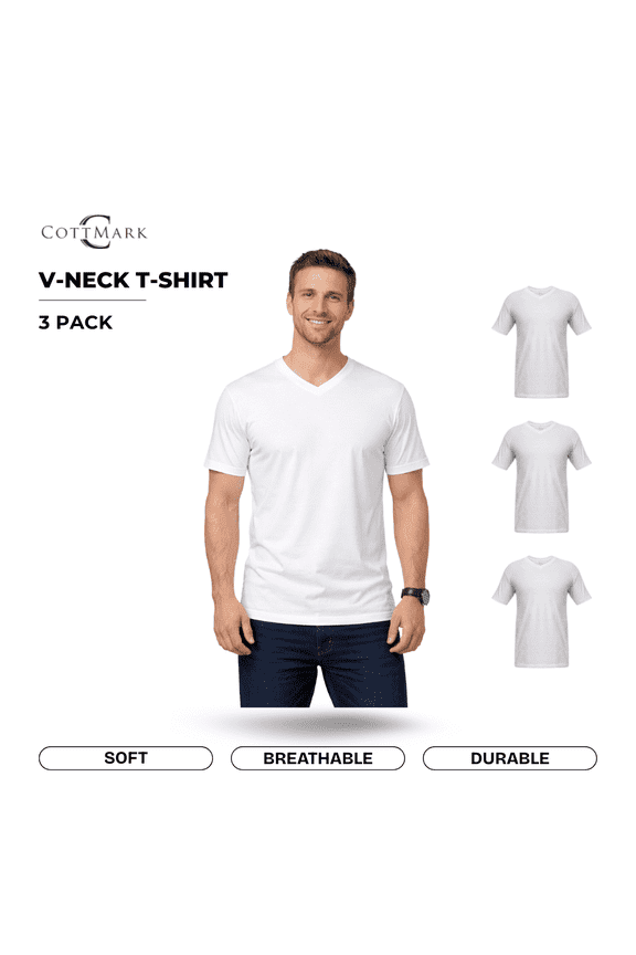 Cottmark Men’s V-Neck Classic Soft T-Shirt, White, Size 2XL, 3-Pack