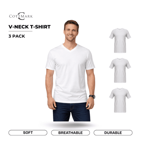 Cottmark Men’s V-Neck Classic Soft T-Shirt, White, Size 2XL, 3-Pack