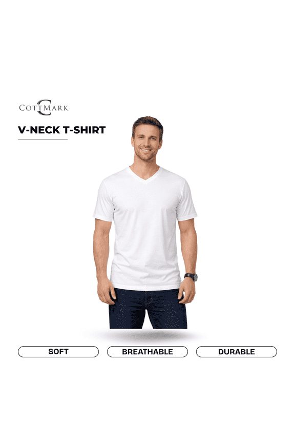 Cottmark Men’s V-Neck Classic Soft T-Shirt, White, Size L, 1-Pack