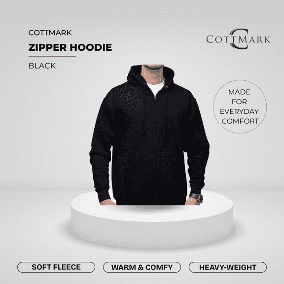 Cottmark Men’s Zip Hoodie, Soft Fleece Comfort, Black, Size L