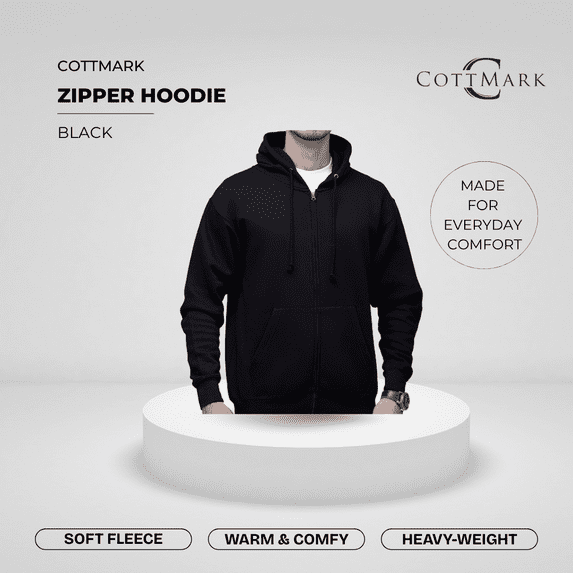 Cottmark Men’s Zip Hoodie, Soft Fleece Comfort, Black, Size S