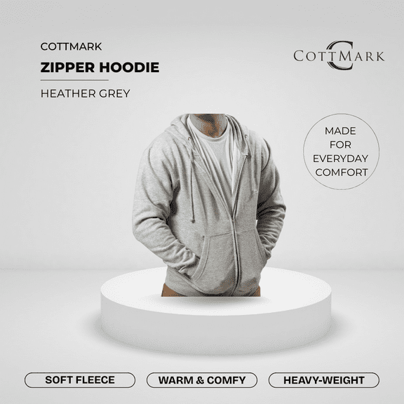 Cottmark Men’s Zip Hoodie, Soft Fleece Comfort, Heather Grey, Size XL