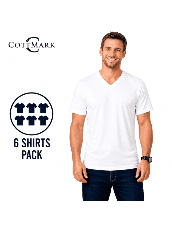 Cottmark Men’s V-Neck Classic Soft T-Shirt, White, Size 2XL, 6-Pack