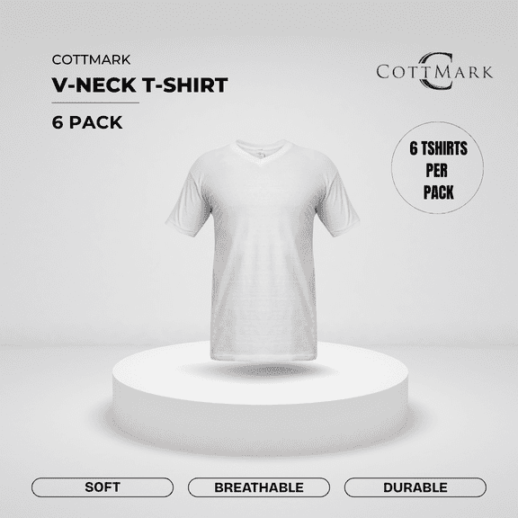 Cottmark Men’s V-Neck Classic Soft T-Shirt, White, Size 4XL, 6-Pack