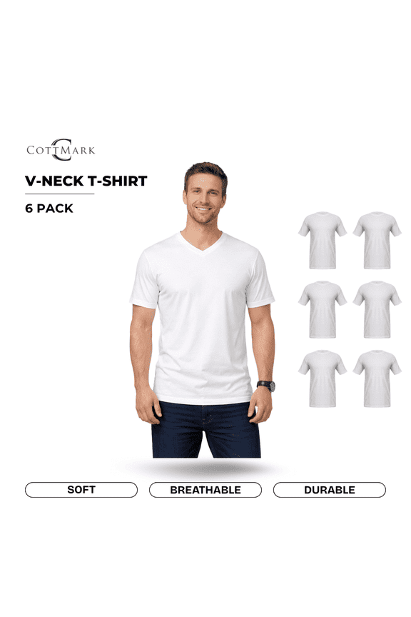 Cottmark Men’s V-Neck Classic Soft T-Shirt, White, Size M, 6-Pack