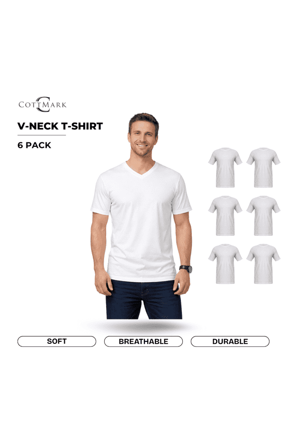 Cottmark Men’s V-Neck Classic Soft T-Shirt, White, Size XL, 6-Pack