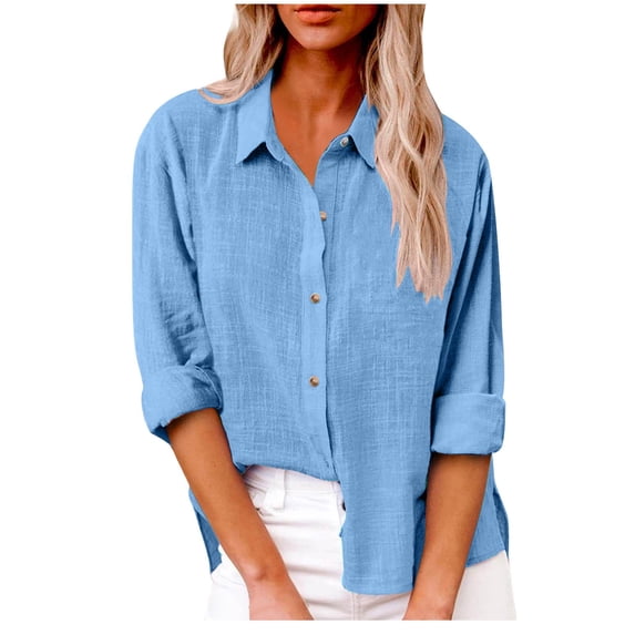 Cottob Linen Tops for Women Button Up Fall Solid Color Long Sleeve V Neck Collared Casual Loose Fitting Work Tunic Shirt Tops With Pockets,Blue,5XL