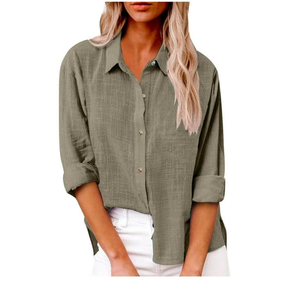 Cottob Linen Tops for Women Button Up Fall Solid Color Long Sleeve V Neck Collared Casual Loose Fitting Work Tunic Shirt Tops With Pockets,Coffee,S