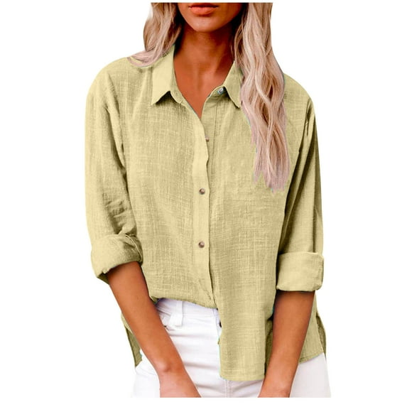 Cottob Linen Tops for Women Button Up Fall Solid Color Long Sleeve V Neck Collared Casual Loose Fitting Work Tunic Shirt Tops With Pockets,Khaki,S