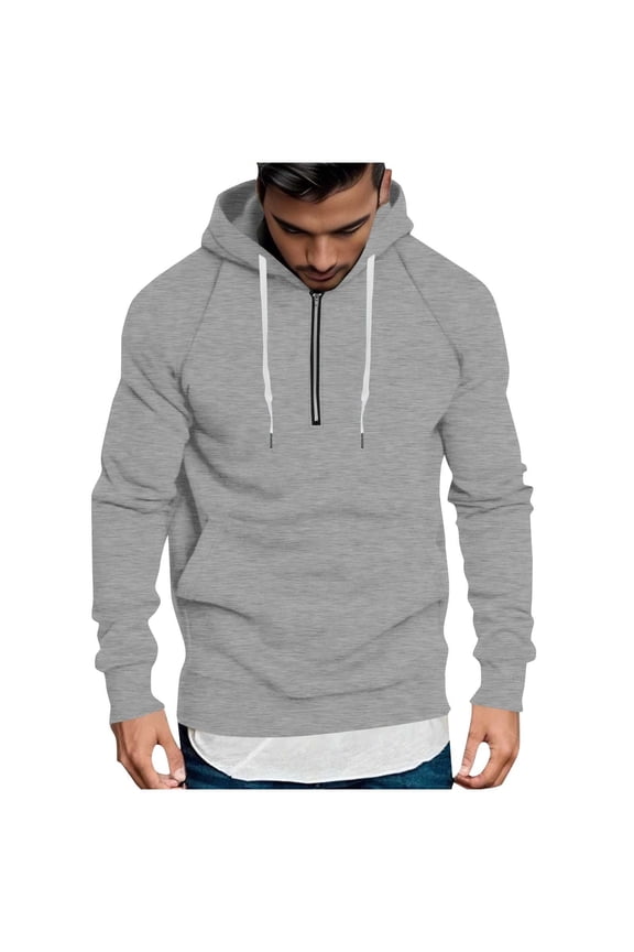 Men's Cotton Half Zip Hoodie Pullover Sweaters Drawstring Hooded Plain Sweatshirt with Pocket Long Sleeve Tops (2XL, Gray)