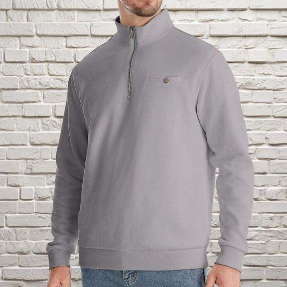 Cotton 1/4 Zip Pullover Men Long Sleeve Zipper Mock Neck Casual Sweatshirts Solid Color Fall Winter Tops (XL, Gray)