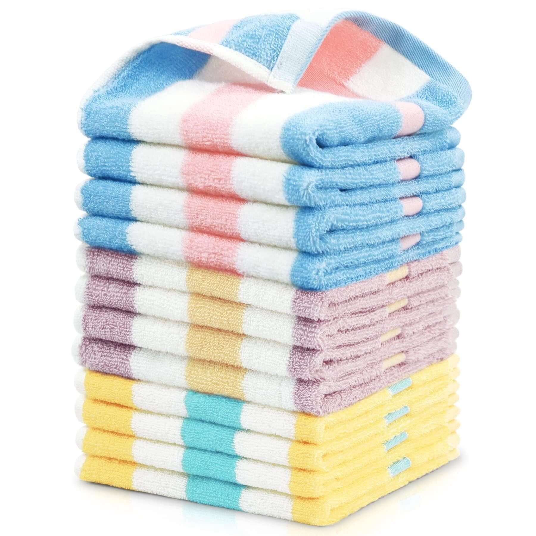 Cotton 12 Pack Striped Washcloths, 13 x 13 Inches, 3 Colors - Face and Body Cleansing Towels