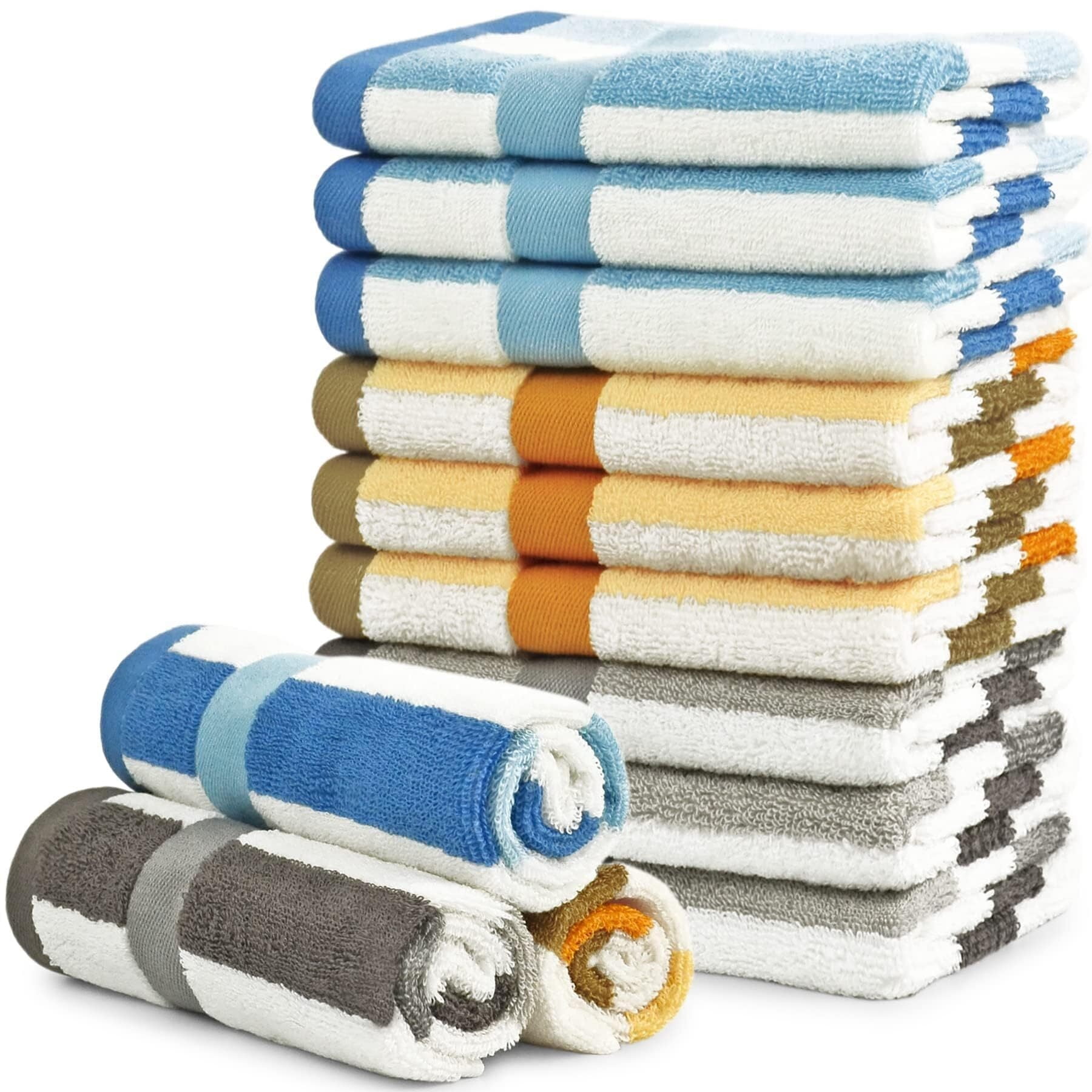 Cotton 12 Pack Striped Washcloths, 13 x 13 Inches, 3 Colors - Face and Body Cleansing Towels