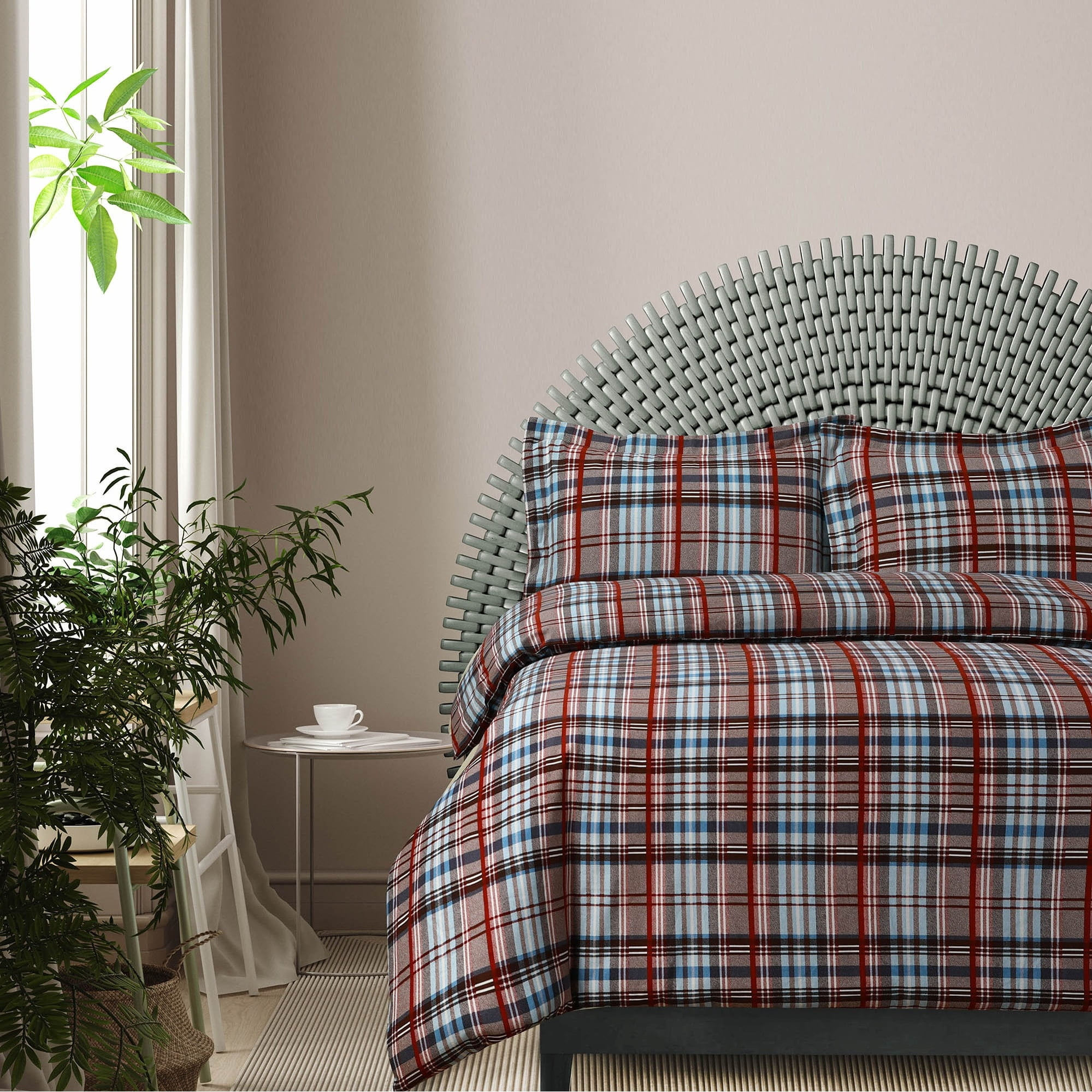 King Brown Plaid Cotton Flannel Duvet Cover Set