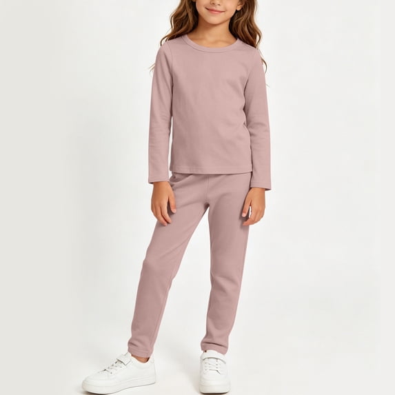 Cotton 2-Piece Girls Long Sleeve Top & Pants Matching Set, Crew Neck, Coffee,Size 7-8 T