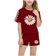 thumbnail image 1 of Cotton 2 Piece Outfits for Boys Girls Loungewear Short Sleeve Flower Plaid Printed T-Shirt and Shorts Sets Loose Fit (7 Years, Wine), 1 of 7