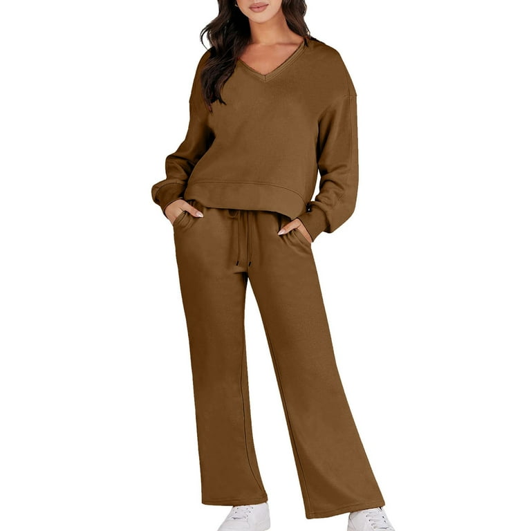Cotton 2 Piece Outfits for Women Sets Comfortable Loose V Neck Top and Wide  Leg Pants Long Sleeve Sweatsuits (Small, Brown)