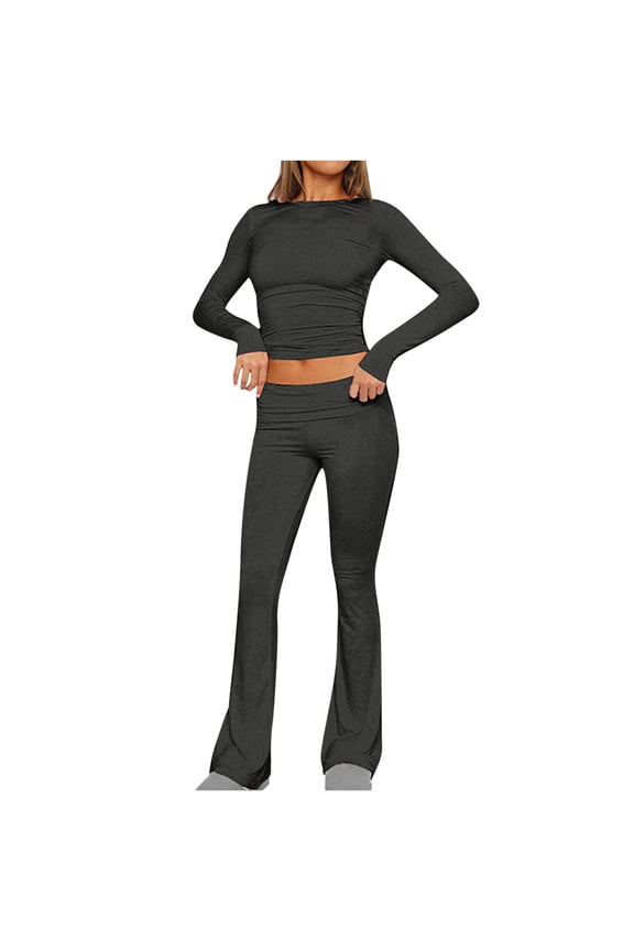 Cotton 2 Piece Sets for Women Long Sleeve Slim Fit Round Neck Crop Top High Waist Bell Bottom Pants Set Y2k Outfits (XL, Black)