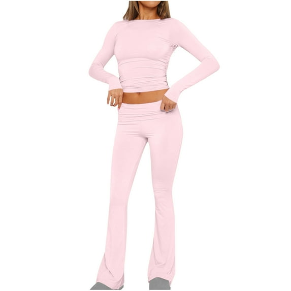 Cotton 2 Piece Sets for Women Long Sleeve Slim Fit Round Neck Crop Top High Waist Bell Bottom Pants Set Y2k Outfits (XS, Pink 01)