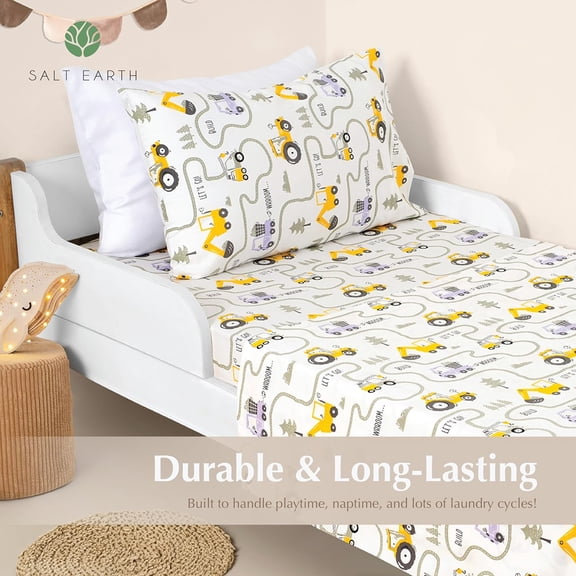 Cotton 210TC Kids Bed Sheet Set Twin Size 4-Piece with 2 Fitted Sheets & 2 Pillowcases Themed Toddler Bedding Jungle Safari Tractor