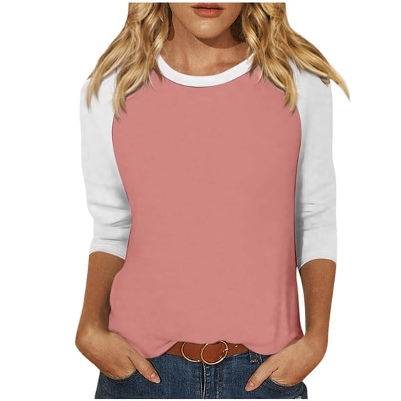 Cotton 3/4 Sleeve Tops for Women Raglan Contrast Crewneck Casual Shirts Three Quarter Length Loose Fit Summer Tees (3X-Large, Pink)