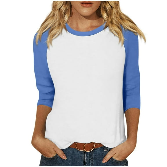 Cotton 3/4 Sleeve Tops for Women Raglan Contrast Crewneck Casual Shirts Three Quarter Length Loose Fit Summer Tees (Large, Light Blue 01)