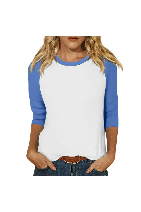 Cotton 3/4 Sleeve Tops for Women Raglan Contrast Crewneck Casual Shirts Three Quarter Length Loose Fit Summer Tees (Large, Light Blue 01)