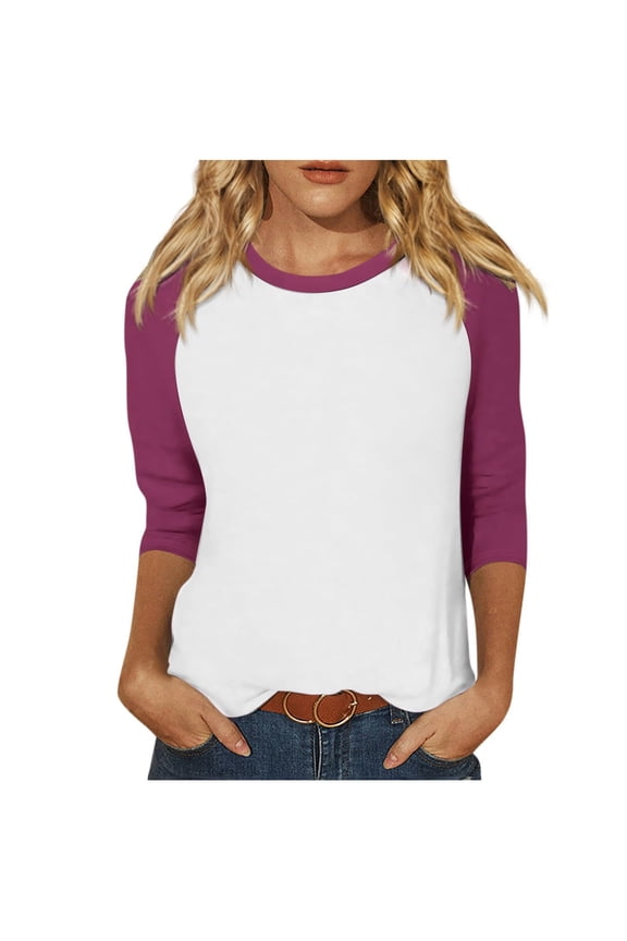 Cotton 3/4 Sleeve Tops for Women Raglan Contrast Crewneck Casual Shirts Three Quarter Length Loose Fit Summer Tees (Large, Purple 01)