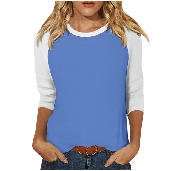 Cotton 3/4 Sleeve Tops for Women Raglan Contrast Crewneck Casual Shirts Three Quarter Length Loose Fit Summer Tees (Small, Light Blue)