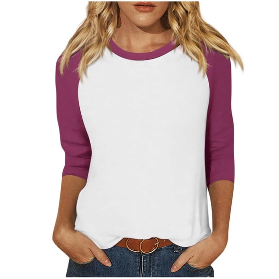 Cotton 3/4 Sleeve Tops for Women Raglan Contrast Crewneck Casual Shirts Three Quarter Length Loose Fit Summer Tees (X-Large, Purple 01)