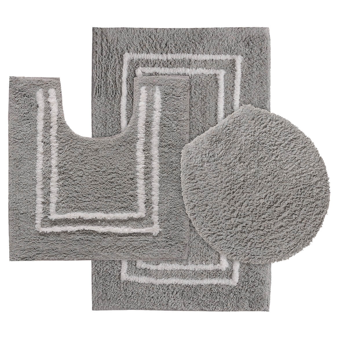 Cotton 3-Pc. Bath Rug Set - Seal Gray Design, Plush, Absorbent, Non-Slip Bathroom Mats - Stylish White Trim - Includes Bathroom Rug, Contour Rug, and Toilet Lid Cover - Transform Your Bathroom Décor