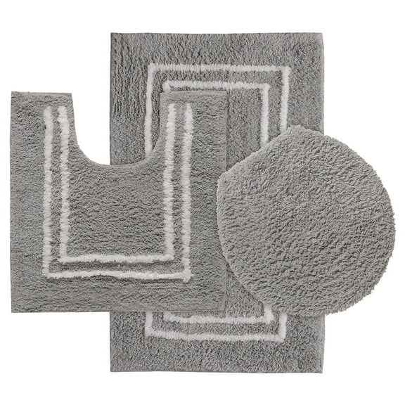 Cotton 3-Pc. Bath Rug Set - Seal Gray Design, Plush, Absorbent, Non-Slip Bathroom Mats - Stylish White Trim - Includes Bathroom Rug, Contour Rug, and Toilet Lid Cover - Transform Your Bathroom Décor