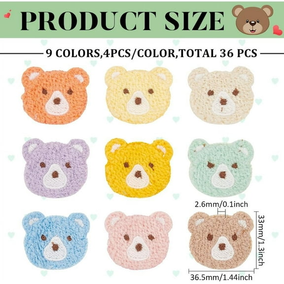 Cotton 36 Pcs Crochet Bear Head Applique Patches 9 Colors Little Bear Head Crochet Knitted Cloth Appliques Bear's Head Sew On Patches Repair Patch for Jacket Dress Clothes Bags DIY Accessories