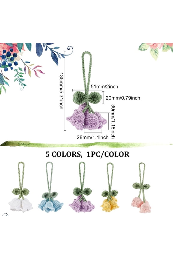 Cotton 5 Pcs Crochet Flowers Crochet Bluebell Flower Pendant Knitted Bell Orchid Flower Pendant Lily of The Valley Cotton Knitting Hanging Ornament for Bag Car Rear View Mirror Keychain Decor