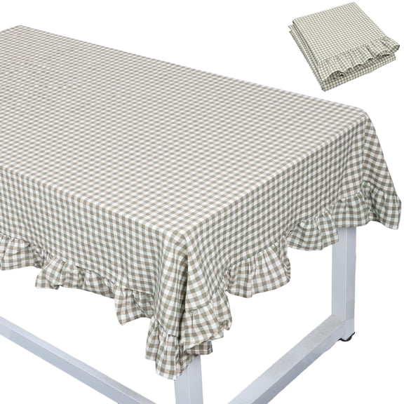 Cotton 52 x 70 Inch Farmhouse Ruffle Tablecloth Plaid Striped Flounces Trim Table Cover for Rectangle Table Kitchen Party Wedding Decor