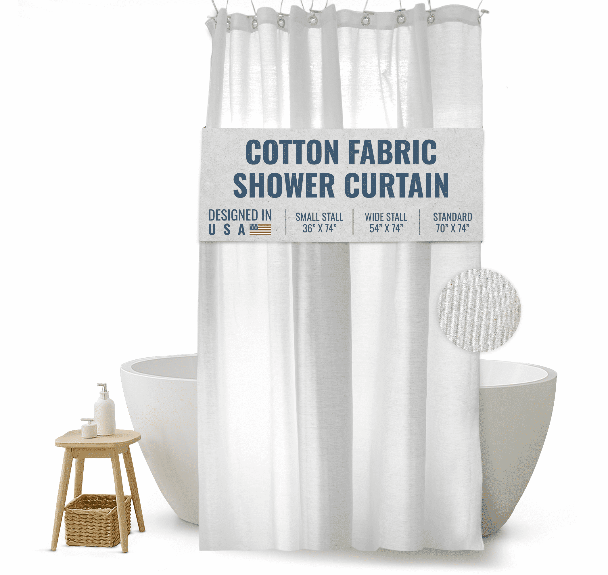 Cotton 70x74" Stall Shower Curtain - Natural fabric Leakproof curtain for luxury bathroom decor - White