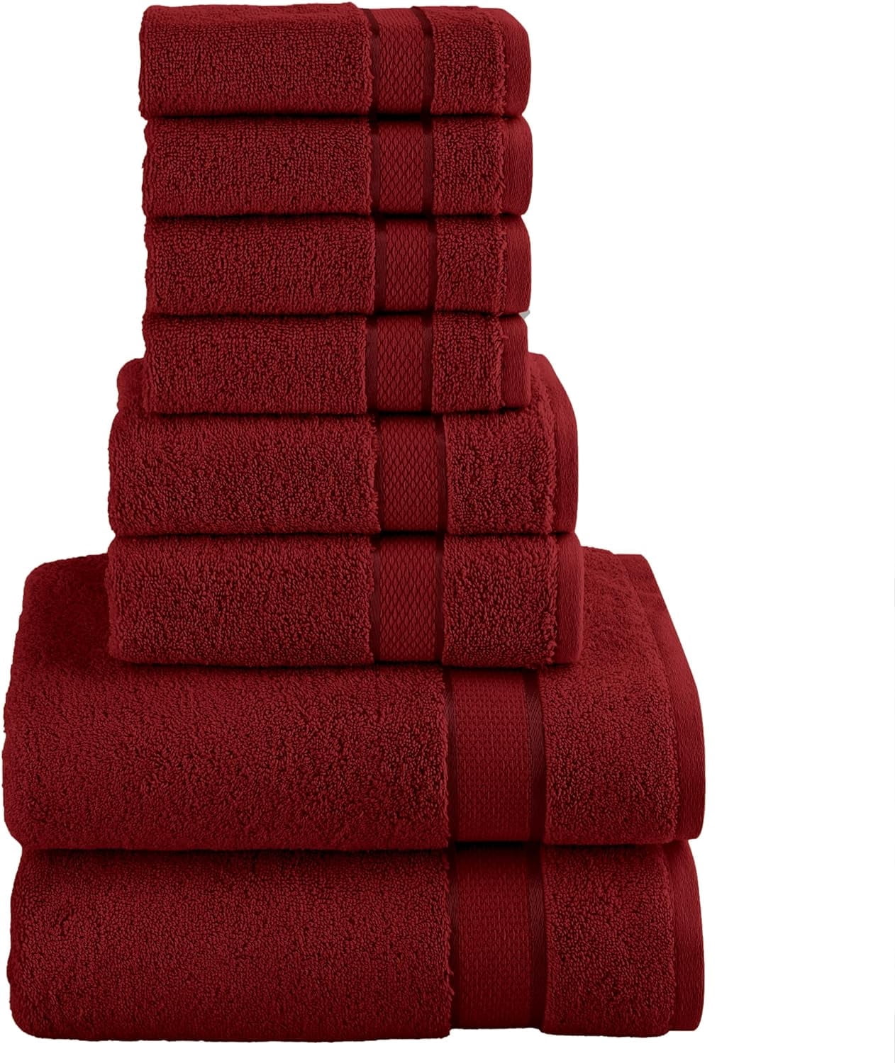 Cotton 8-Piece Towel Set, Includes 4 Washcloths, 2 Hand Towels and 2 Bath Towels, 100% Turkish Cotton - Highly Absorbent and Super Soft Towels for Bathroom, Burgundy