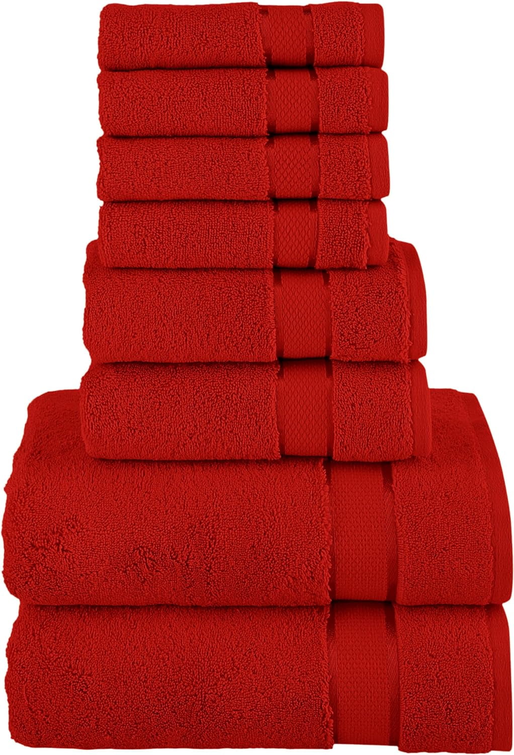Cotton 8-Piece Towel Set, Includes 4 Washcloths, 2 Hand Towels and 2 Bath Towels, 100% Turkish Cotton - Highly Absorbent and Super Soft Towels for Bathroom, Red