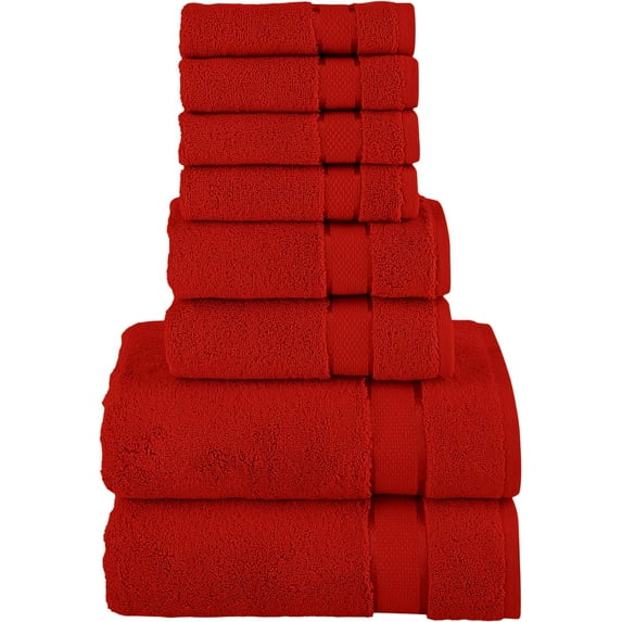 Cotton 8-Piece Towel Set, Includes 4 Washcloths, 2 Hand Towels and 2 Bath Towels, 100% Turkish Cotton - Highly Absorbent and Super Soft Towels for Bathroom, Red