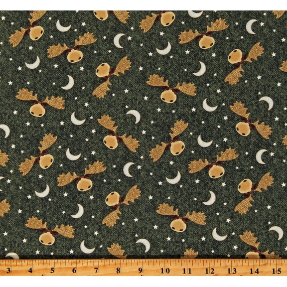 Cotton A Moose in the Woods Moose Moon and Stars Green Northwoods Cotton Fabric Print by the Yard (16338-44)