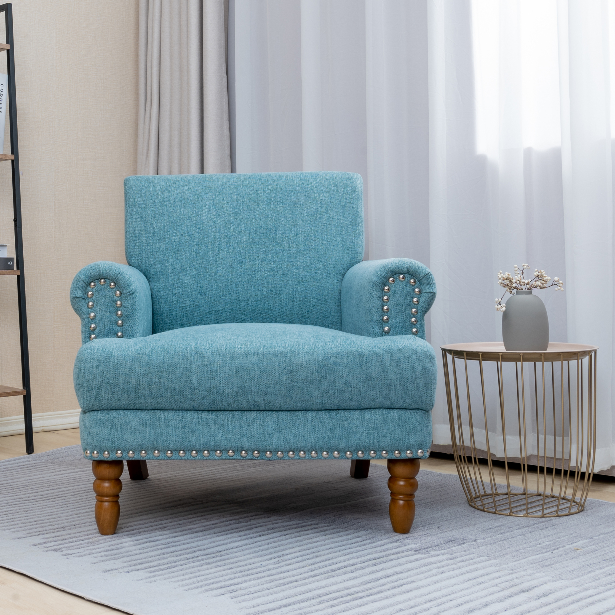 Mid-Century Modern Linen Accent Chair - Nailhead Trim Armchair With Wood Legs For Living Room, Bedroom (Khaki Stripe)