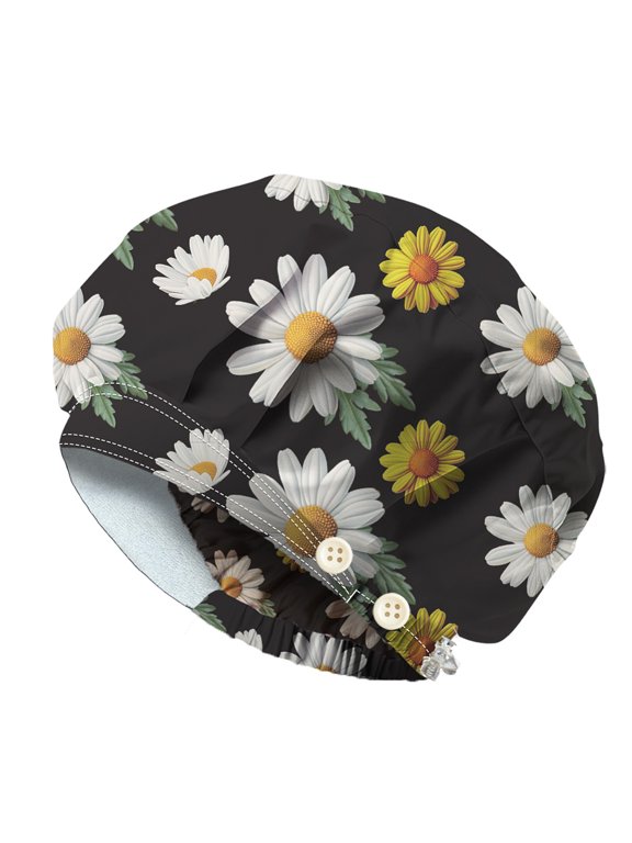 Cotton Adjustable Printed Bouffant Hats Working Caps for Women Men with Button April Daisy Inner Diameter: 400~600mm