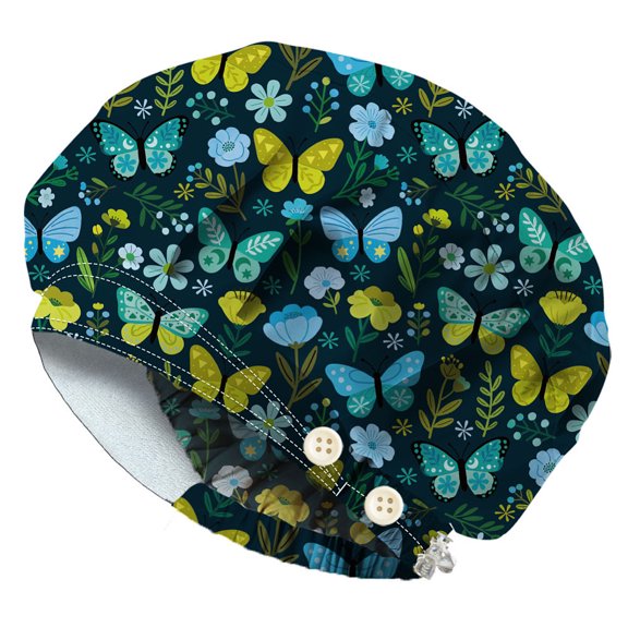 Cotton Adjustable Printed Bouffant Hats Working Caps for Women Men with Button Butterfly Inner Diameter: 400~600mm DIY for DIY