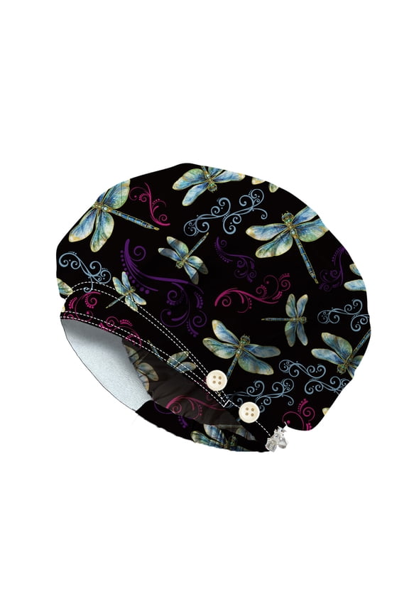 Cotton Adjustable Printed Bouffant Hats Working Caps for Women Men with Button Dragonfly Inner Diameter: 400-600mm