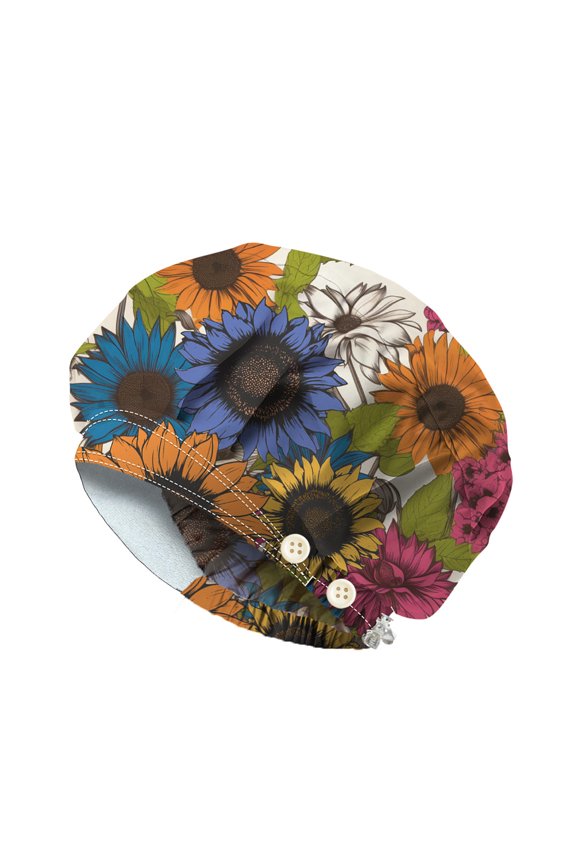 Cotton Adjustable Printed Bouffant Hats Working Caps for Women Men with Button Flower Inner Diameter: 400~600mm
